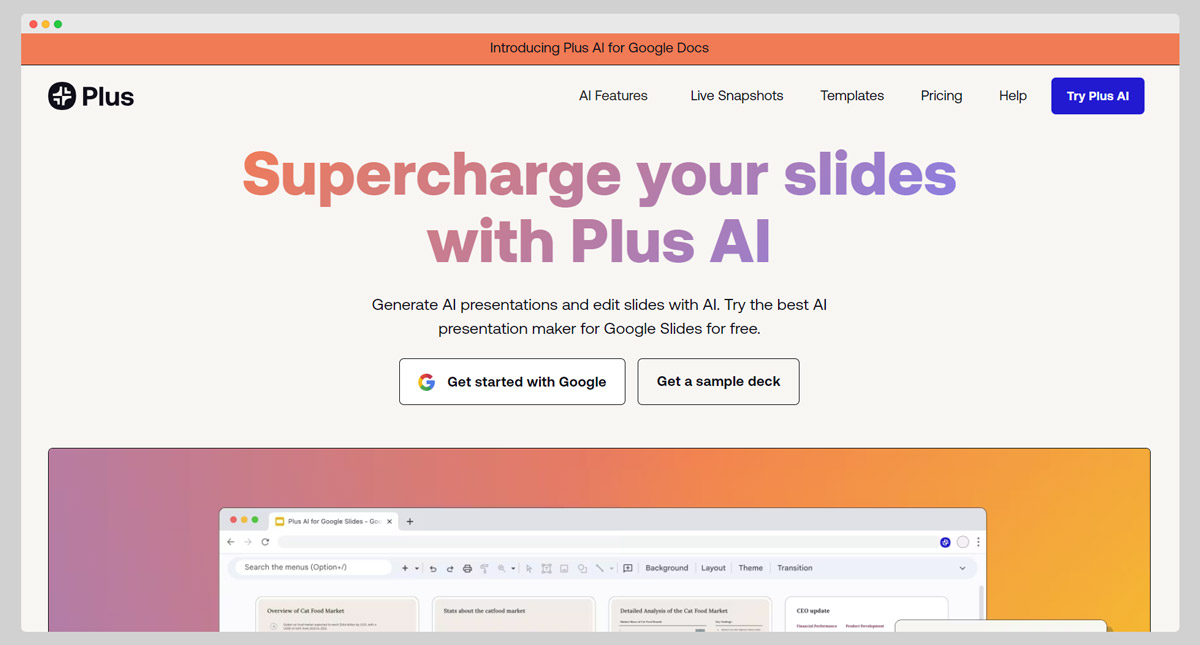 Plus AI Presentation Generator Tool Homepage