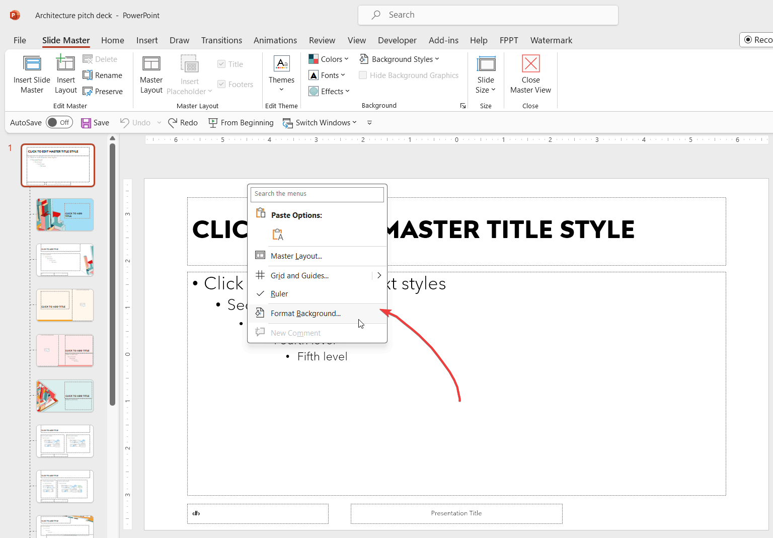 How to change the background color in PowerPoint using Slide Master view.