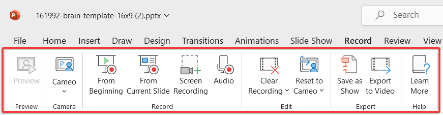 Record tab in PowerPoint Ribbon showing the different recording options in PowerPoint.