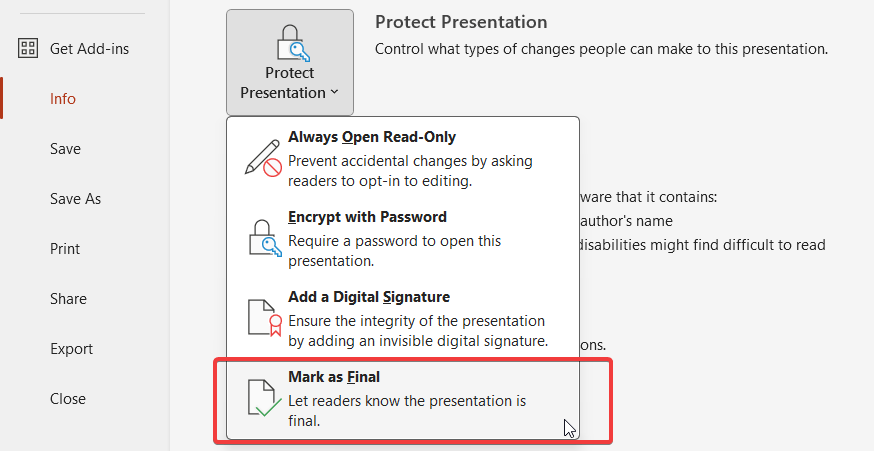 Mark a PPT as final for protecting it from unauthorized changes and generate a read only PowerPoint