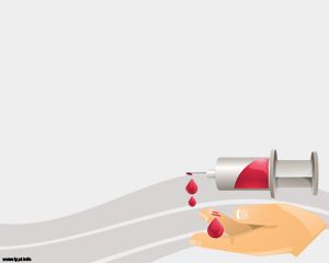 Free Blood Donation PowerPoint Template with red blood drops over a hand and syringe