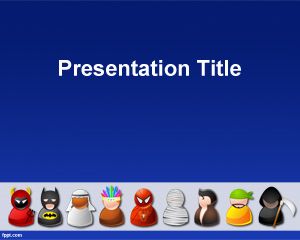 Halloween Costumes PowerPoint Template with blue background and different illustrations of avatars and superheros